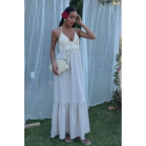 Göğsü Trikolu Keten Uzun Elbise 290408