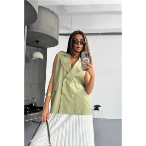 GOLD DÜĞELİ KETEN YELEK  Yeşil