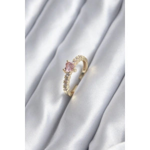 Gold Renk Zirkon Taşlı Pembe Kristal Kalp Model Kadın Yüzük