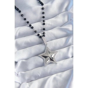 Gümüş Renk Siyah Boncuk Zirkon Taşlı Pirinç Yıldız Model VİP Seri Kadın Kolye