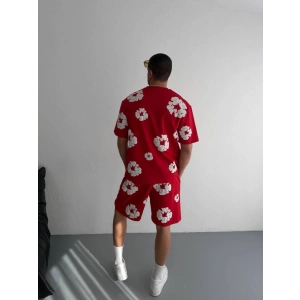 İki İplik Kumaş Baskılı Tshirt Şortlu Takım Kırmızı