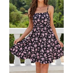 Kadın Askılı çiçek Desenli Süprem Mini Elbise