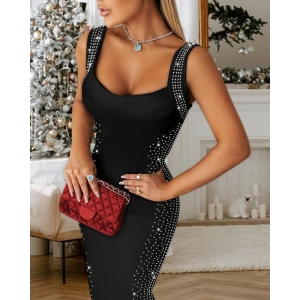 Kadın Askılı Dekolteli Taş Detaylı Kısa Ithal Krep Elbise