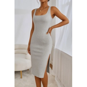 Kadın Askılı Kare Yaka Yandan Yırtmaçlı Midi Kaşkorse Elbise