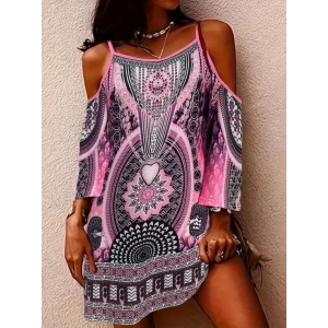 Kadın Askılı Omuzlardan Açık Truvakar Kol Desenli Kısa Süprem Elbise