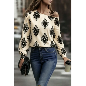 Kadın Askılı Uzun Kollu Omuzlardan Açık Desenli Mosskrep Bluz