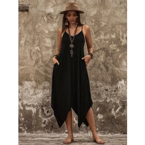 Kadın Askılı V Yakalı Cep Detaylı Asimetrik Kesim Detaylı Viskon Elbise