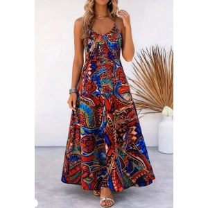 Kadın Askılı V Yakalı Desenli Uzun Süprem Elbise