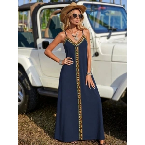 Kadın Askılı V Yakalı Etnik şerit Detaylı Uzun Viskon Elbise