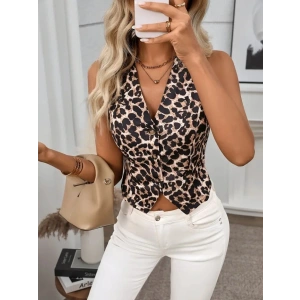 Kadın Askılı V Yakalı önden Düğmeli Leopar Desenli Atlas Ceket