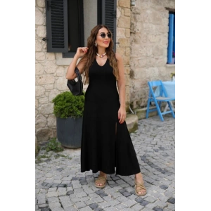 Kadın Askılı V Yakalı Yırtmaçlı Viskon Elbise