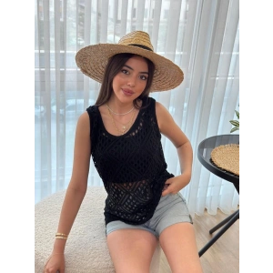 Kadın Askılı Yuvarlak Yaka Geometrik Desenli Triko Bluz