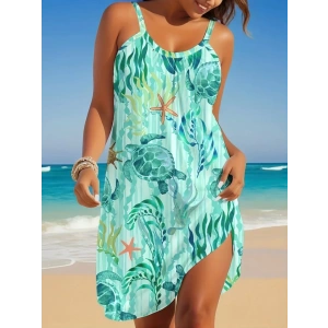 Kadın Askılı Yuvarlak Yaka Kaplumbağa Desenli Süprem Elbise