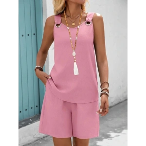 Kadın Askılı Yuvarlak Yaka Kuş Gözü Detaylı Bürümcük Bluz Ve Short Ikili Takım