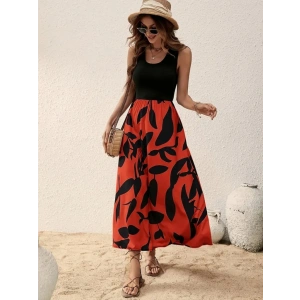 Kadın Askılı Yuvarlak Yaka üst Viskon Alt Desenli Uzun Süprem Elbise