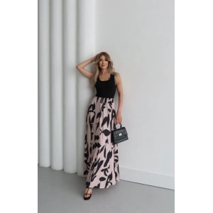 Kadın Askılı Yuvarlak Yaka üst Viskon Alt Desenli Uzun Süprem Elbise