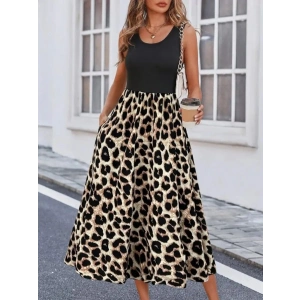Kadın Askılı Yuvarlak Yaka üst Viskon Alt Leopar Desenli Süprem Uzun Elbise