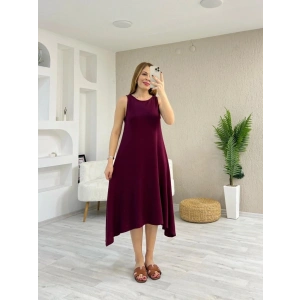 Kadın Askılı Yuvarlak Yakalı Asimetrik Kesim Detaylı Viskon Elbise