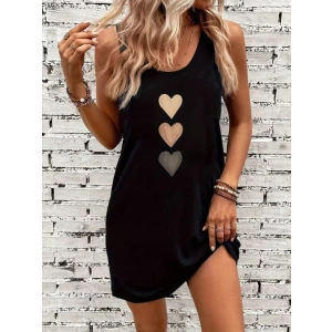 Kadın Askılı Yuvarlak Yakalı Kalp Baskılı Kısa Viskon Elbise