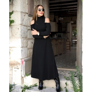 Kadın Balıkçı Yaka Omuzlardan Açık Uzun Kollu Janjan Krep Elbise