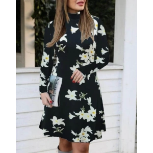Kadın Balıkçı Yaka Uzun Kollu çiçek Desenli Krep Elbise
