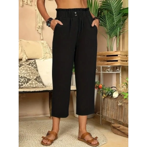 Kadın Bel Büzgü Ve Düğme Detay Kapri Keten Pantolon