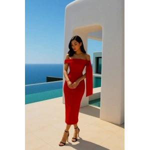 Kadın Dalgıç Krep Kumaş Madonna Yaka Midi Boy Elbise