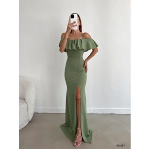 Kadın Dalgıç Krep Yırtmaç Detaylı Askılı Maxi Boy Elbise