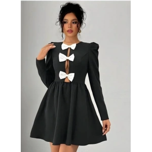 Kadın Dalgıç Kumaş Fiyonk Detaylı Uzun Kollu ini Boy Elbise