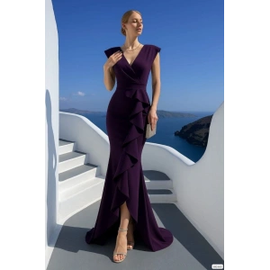 Kadın Dalgıç Kumaş V Yaka Fırfır Detaylı axi Boy Elbise