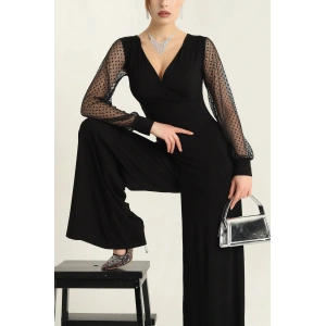 Kadın Derin V Yaka Kolları Puantiyeli Tül Detay Ispanyol Paça Tulum