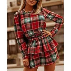 Kadın Ekose Kumaş Dijital Baskılı Uzun Kollu Mini Boy Elbise