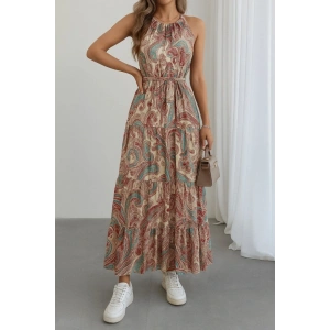 Kadın Halter Yakalı Omuzlardan Açık Kuşaklı Maksi Boy Desenli Süprem Elbise