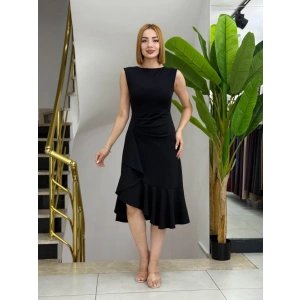 Kadın ıfır Kollu Belden Büzgülü Eteği Volanlı Asimetrik Kesim Midi Janjan Krep Elbise