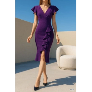 Kadın imli Elbise Kol Pileli Yırtmaç Detaylı Elbise