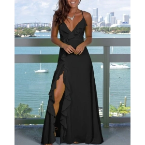 Kadın Ip Askılı Dekolteli Yırtmaç Detay Krep Elbise