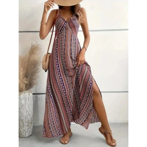 Kadın Ip Askılı Sırttan çapraz Detaylı Yırtmaçlı Desenli Süprem Elbise