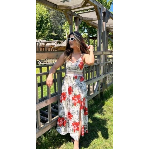Kadın Ip Askılı V Yakalı Bel Güpür çiçek Desenli Yandan Yırtmaçlı Maksi Süprem Elbise