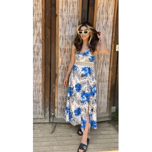 Kadın Ip Askılı V Yakalı Bel Güpür çiçek Desenli Yandan Yırtmaçlı Maksi Süprem Elbise