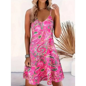 Kadın Ip Askılı V Yakalı Desenli Kısa Süprem Mini Elbise