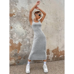 Kadın Kalın Askılı Kare Yaka Fitilli Kaşkorse Midi Boy Elbise