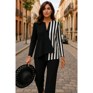 Kadın Keten Kumaş çizgi Desenli Uzun Kollu Bluz