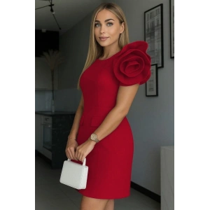 Kadın Kısa Gül Detaylı Kollu Bisiklet Yaka Cepli Mini Atlas Elbise