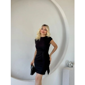 Kadın Kısa Kap Kollu Bisiklet Yaka Belden Bağlamalı odal ini Elbise