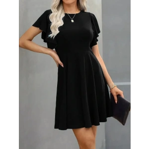 Kadın Kısa Kelebek Kollu Bisiklet Yaka Janjan Krep Elbise