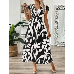 Kadın Kısa Kelebek Kollu Kruvaze Yaka Desenli Süprem Elbise