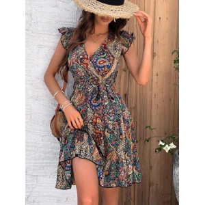 Kadın Kısa Kelebek Kollu Kruvaze Yakalı Süprem Elbise