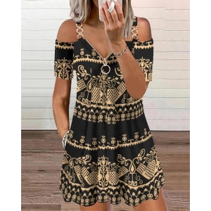 Kadın Kısa Kollu Aksesuar Askılı Fermuarlı Etnik Desen Mikro Elbise
