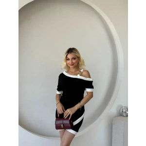 Kadın Kısa Kollu Asimetrik Kesim Yaka şerit Ve Aksesuar Detaylı odal Elbise