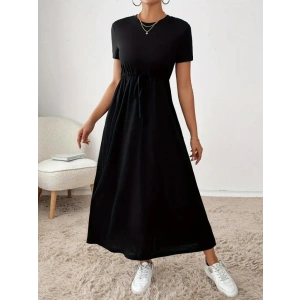 Kadın Kısa Kollu Bisiklet Yaka Belden Bağcıklı Cepli Viskon Elbise